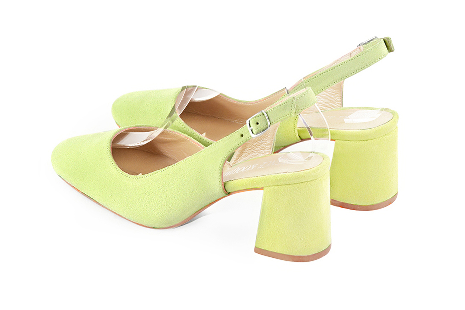 Women's pistachio green slingback dress shoes. Round toe. Medium flare heels - Rear view